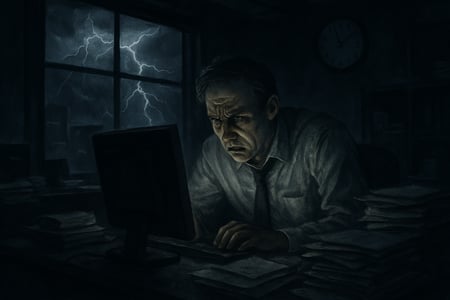 The image depicts a dimly lit office space filled with shadows emphasizing a sense of unease In the foreground a lone desk is cluttered with stacks of papers and a flickering computer screen The screen glows ominously casting eerie light on the anxio-3